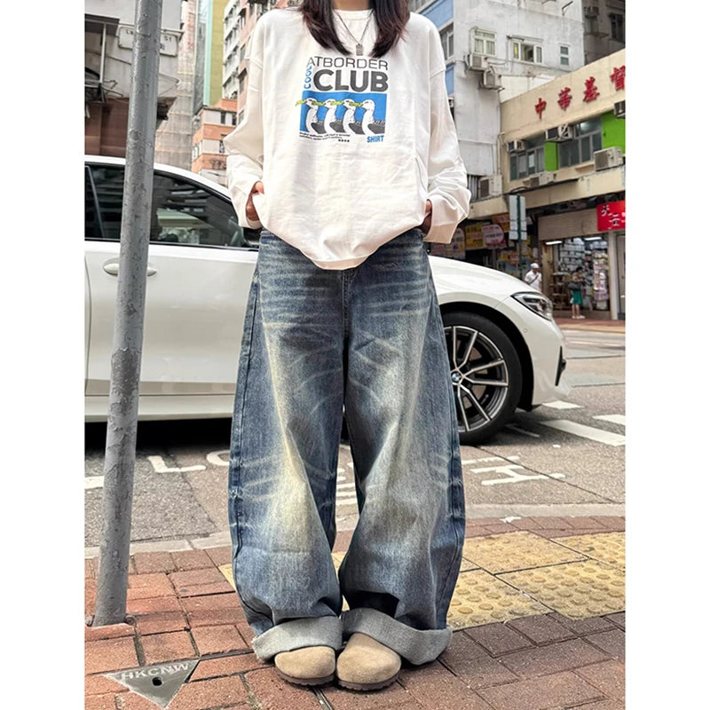 Women's Blue Y2k Oversize Jeans Harajuku Vintage Wide Leg Denim Trousers American Retro 2000s Style Boyfriend Jeans Pants Autumn