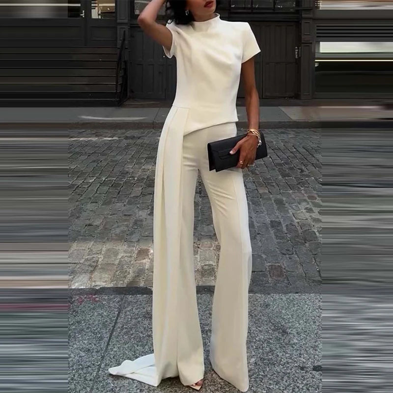 Fashion Stand Collar Solid Color Irregular Set Casual Short Sleeve Pullover & Long Pant Outfits Women Elegant Commuting 2Pc Suit