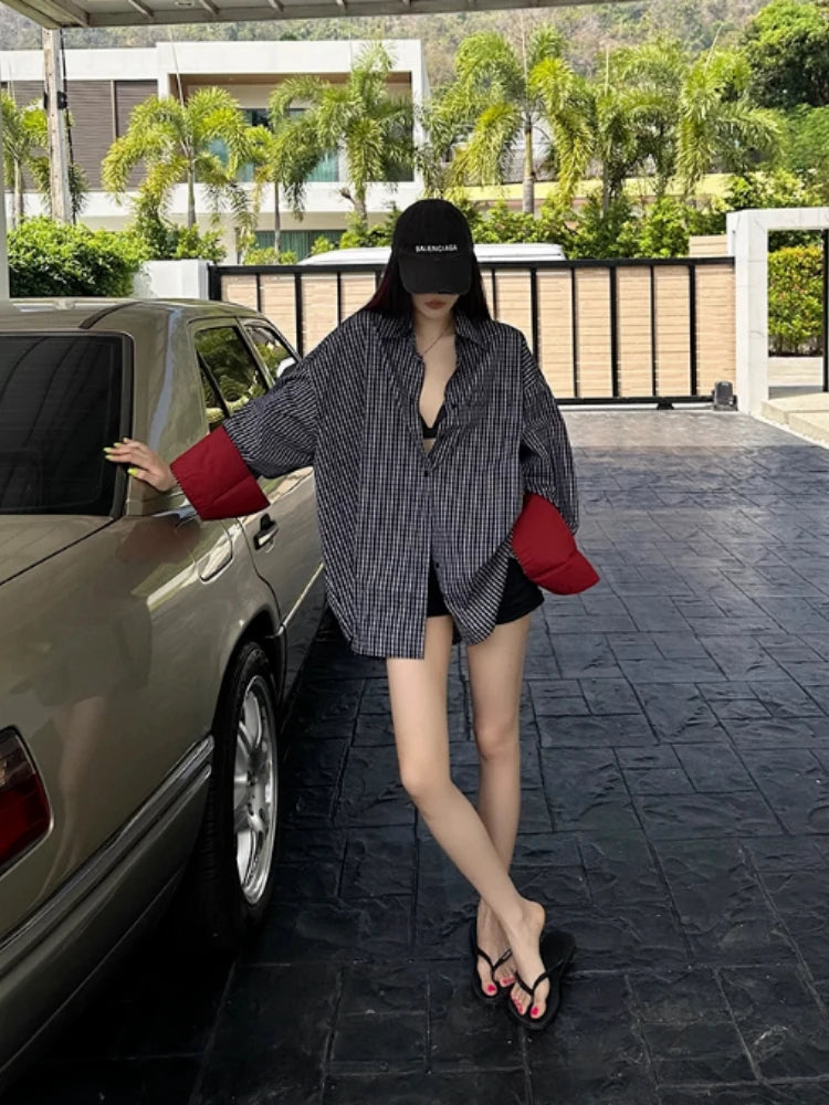Retro Plaid Contrast Color Flip Sleeve Women Shirt Korean Sle Loose Long Sleeve Tops Blouses Harajuku Loose Casual 2025 New Tops