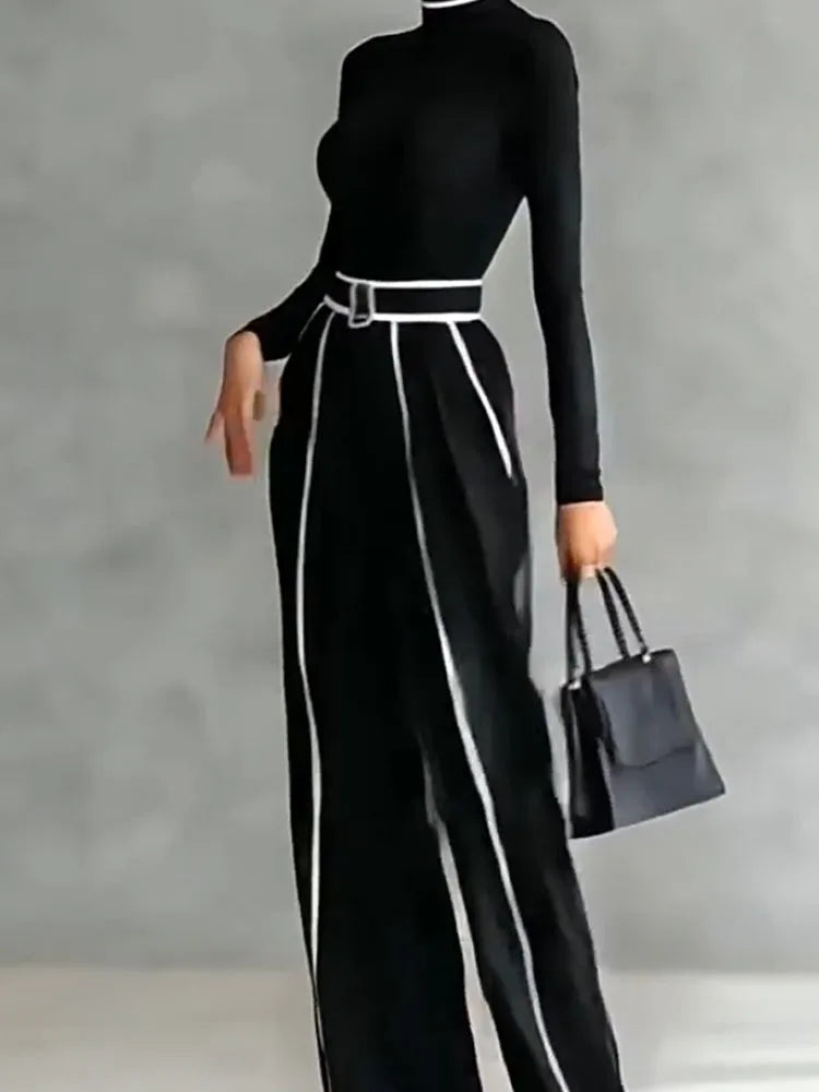 Women Fashion Color Blocking Outfits Casual Pocket Commuting Loose 2Pc Set Elegant Stand Collar Long Sleeve Top + Long Pant Suit