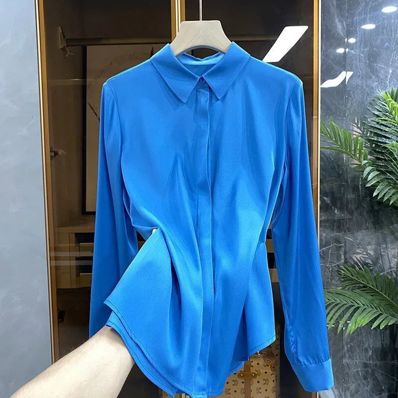 Blue Silk Spring Autumn Women Blouse Single Breasted Long Sleeve Office Lady Shirts French Polo-neck Female Tops