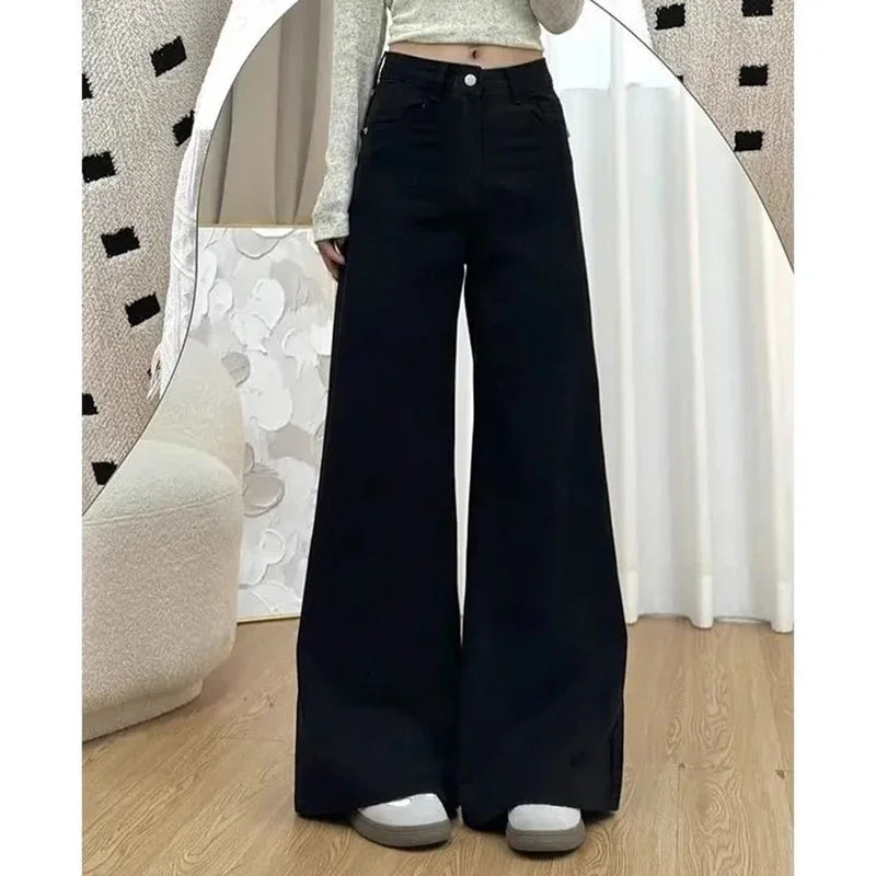 Female Black High Waist Jeans Girls Chic Fashion Straight Leg Denim Trousers Women Thin Loose Fit Casual Daily Pants