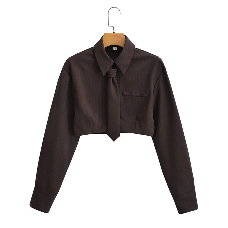 Women Button Blouses Turn Down Collar Stripe Shirts Office Lady Long Sleeve Casual Blouse Loose OL Shirt With Tie Fashion