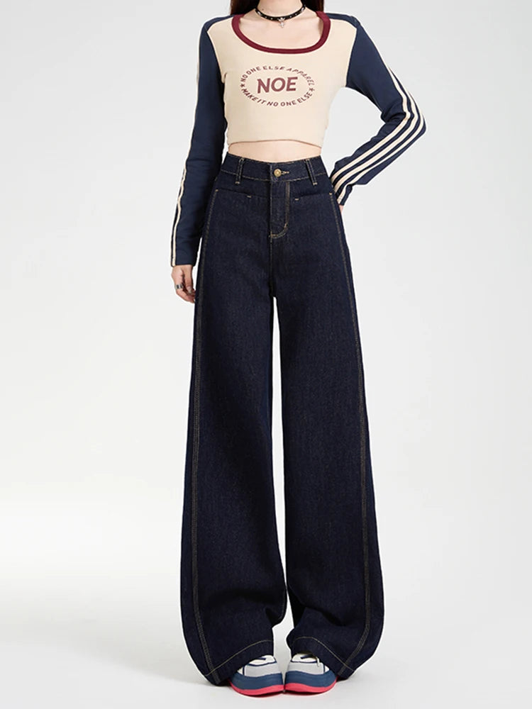Denim Blue Wide Leg Jeans Women Autumn 2025 New High Waist Slim Straight Versatile Fashion Bending Knife Floor Pants