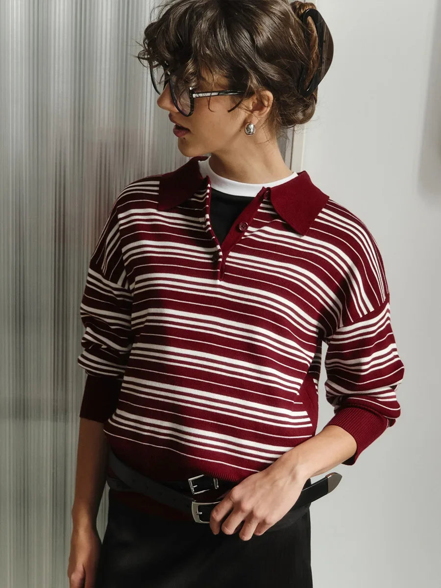 Wolfeel Women's Vintage Contrast Striped Knitted Polo Collar T Shirt Spring Summer Long Sleeve Fashion Retro Casual Trend Top