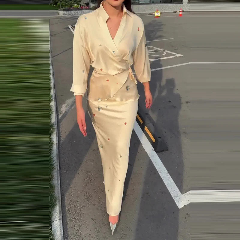 2025 Floral Print Two Piece Satin Set Women Lace-up Outfit Ladies Elegant Slim Lapel V-Neck Long Sleeve Blouse&Long Skirts Suit