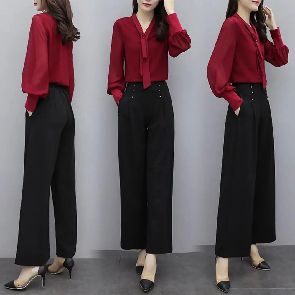Women Shirt Pants Set Elegant V Neck Lace Up Long Sleeve Shirt Shirt Pants Set High Waist Wide Leg Pants Set Office Ladies Suit