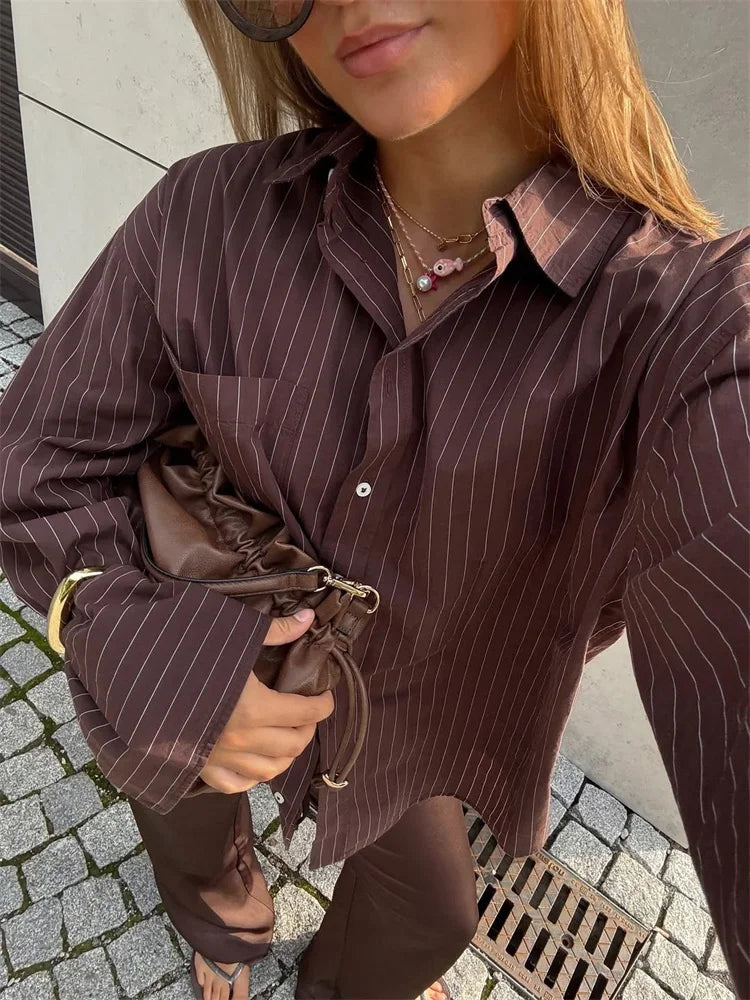Casual Striped Loose Shirts Top Female Lapel Long Sleeve Elegant Commute Patchwork Contrast Blouse Women's Coat Shirts New