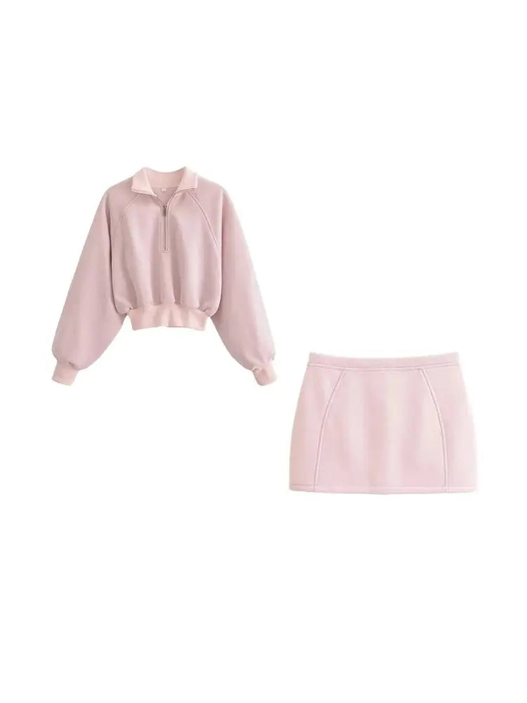 Women Fashion With Zip Cropped Sweatshirt And Mid Waist Back Zipper Mini Skirt Female Two Piece Sets Mujer