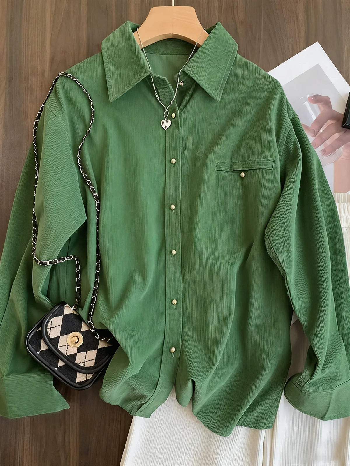 Green Corduroy Shirts Jacket For Women Autumn Winter New Long Sleeve Turn Down Collar Blouse Simple Single Breasted Clothes Top