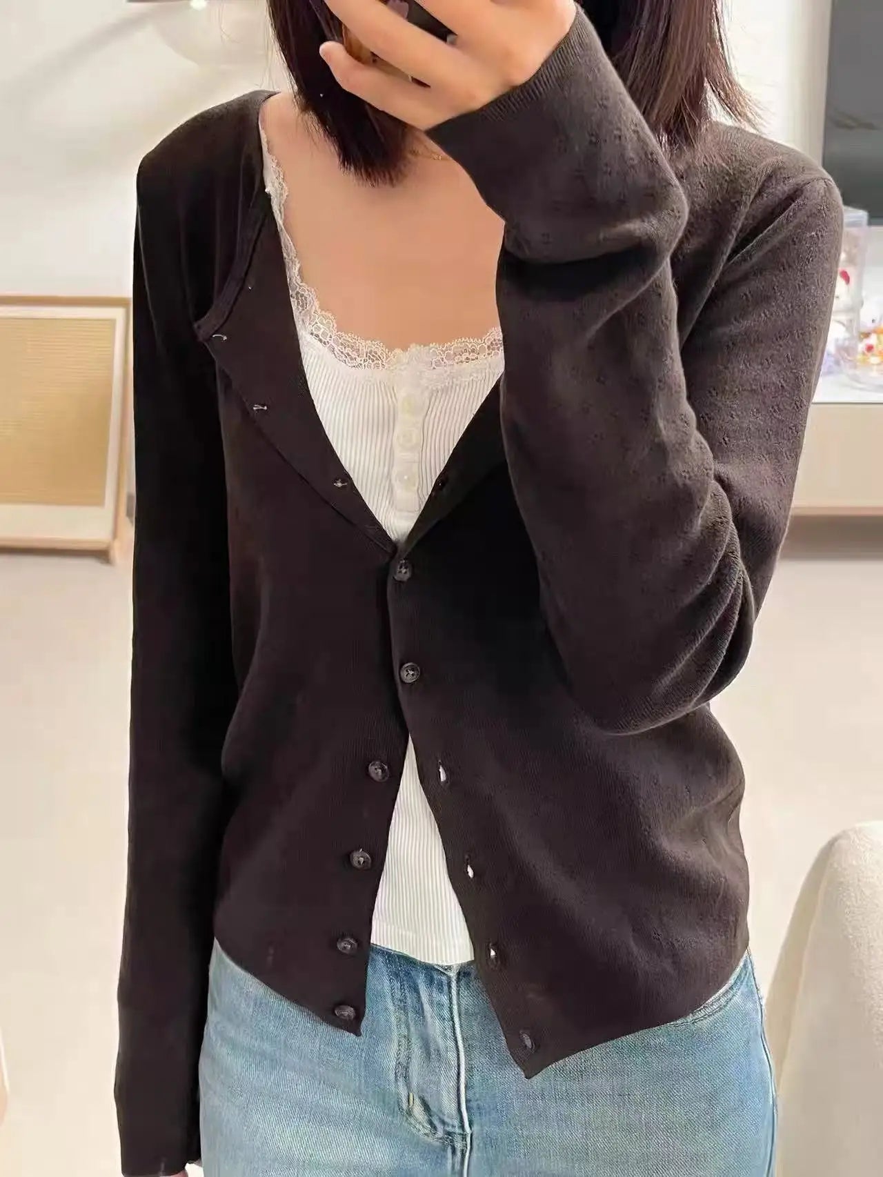 Brown Eyelet Knitted Cardigan Women Autumn New Casual Cotton Long Sleeve Sweater Coat Female Vintage Simple Basic Sweaters Tops