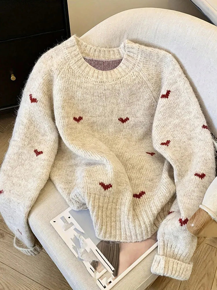 New Autumn Winter Comfortable Heart Pattern Sweater Long Sleeve Pullover Round Neck Top Sweater Warm Versatile Women's Clothing