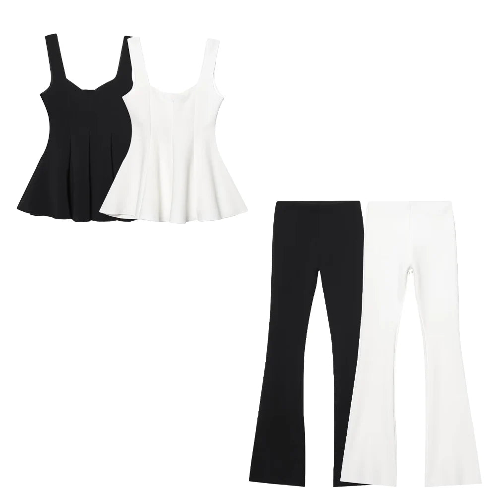 women's short skirt style elastic round neck top with high waist and comfortable flared pants summer new style