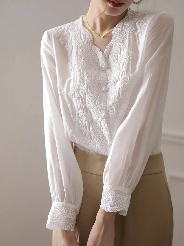 Autumn New Women's Clothing Solid Color V-neck Women's Long-sleeved Shirt Casual Cardigan Single-breasted Office Top 16108