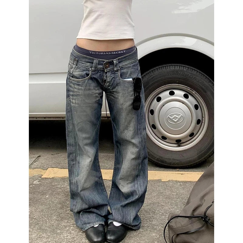 2025 Autumn Women's Blue Y2k Baggy Jeans Harajuku Japanese 2000s Style Denim Trousers American Vintage Jean Pants Trashy Clothes