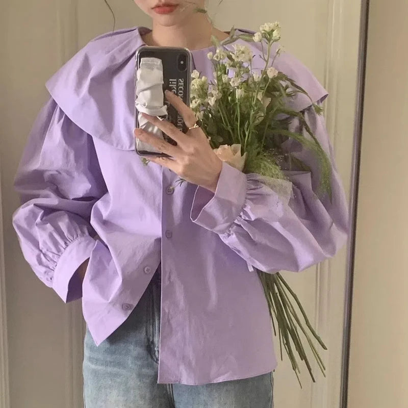 Spring Autumn New Fashion Doll Collar Long Sleeve Solid Color Blouses Women's Clothing Sweet Button Korean All-match Chic Shirts
