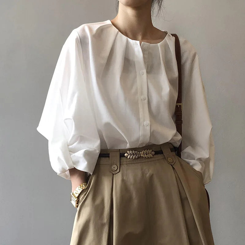 Spring Autumn Vintage Lantern Sleeve Women's White Blouse 2025 New Single Breasted O-neck Casual Loose Office Shirts Tops Female