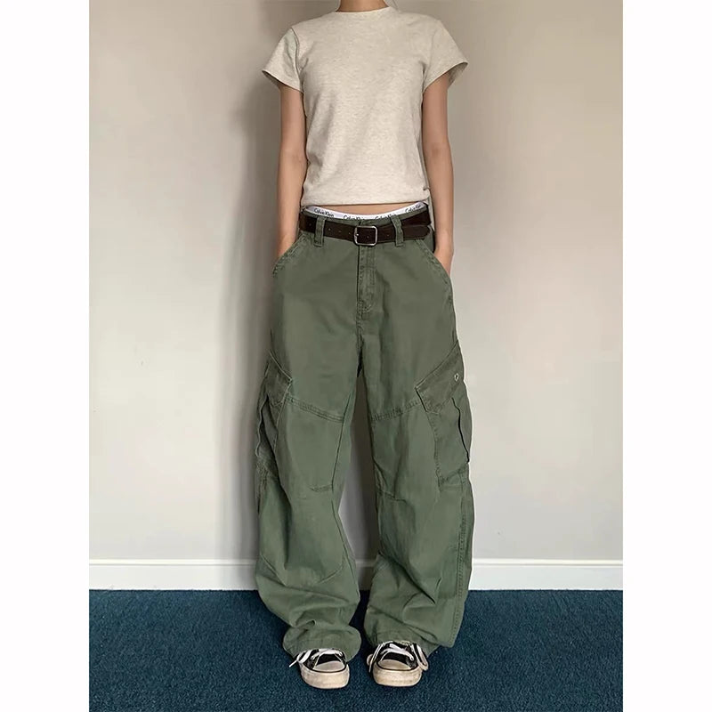 Women Green Y2k Baggy Cargo Jeans Harajuku Vintage Wash Denim Trouser Aesthetic 2000s Style Oversize Boyfriend Jeans Pants Autum