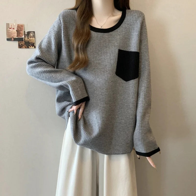 Women's Solid Color Pullover Round Neck Loose Casual Long-sleeved Fashion Top