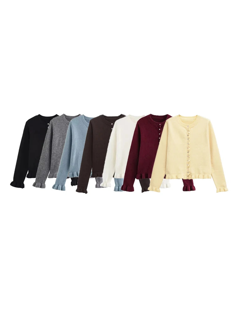 Women's Ruffled Knit Cardigan Sweater O-Neck Long Sleeve Chic Top with Front Buttons Fashion Outerwear