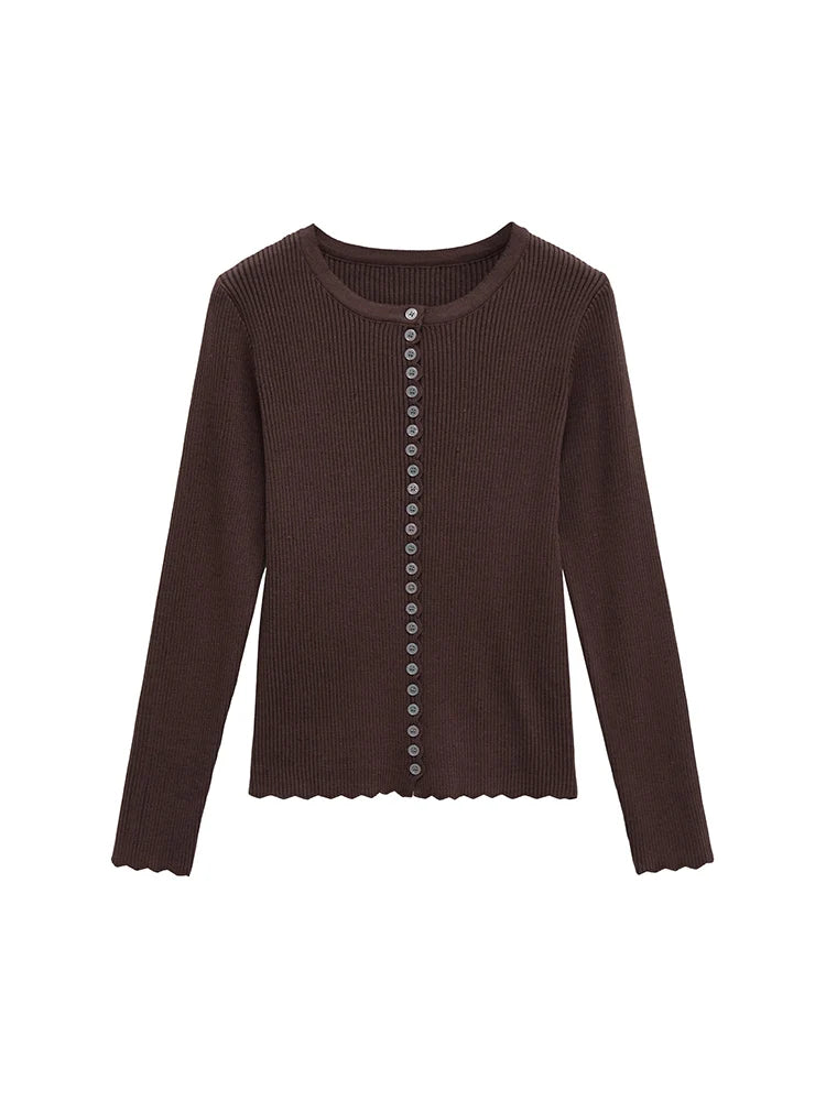 European and American style autumn new women's clothing temperament simple button ribbed round neck long sleeve knitted jacket