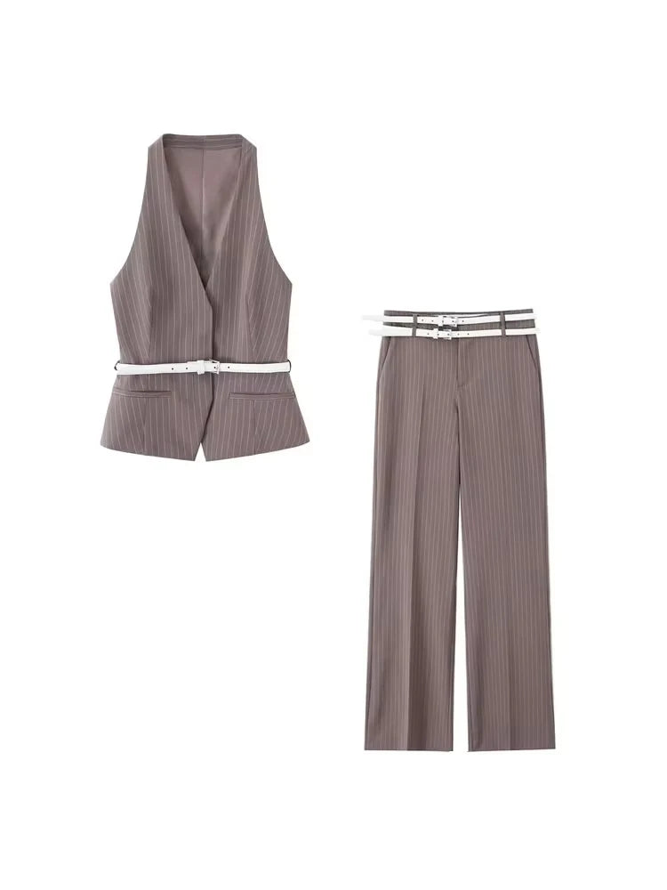 Women's Fashion Two-Piece Set with Belt Striped Waistcoat Top And Low Waist Side Pockets Pants Female Striped Outfit