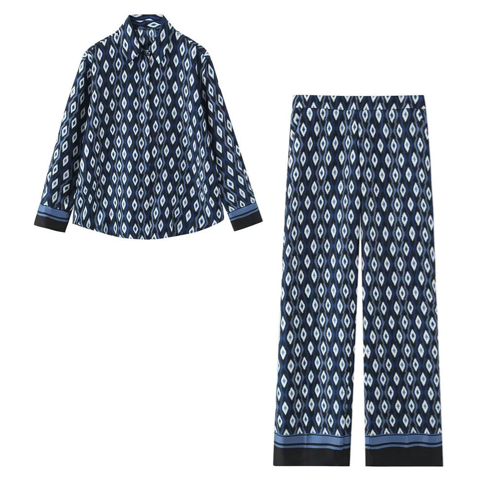 Women's Fashion Geometric Pattern Printed Long sleeved Shirt and Pants Spring/Summer New Women's Clothing
