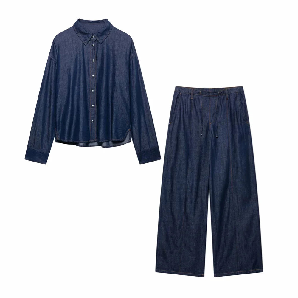 Women's Loose Denim Shirt High Waist Wide Leg Jeans Set Spring/Summer New Casual Women's Wear