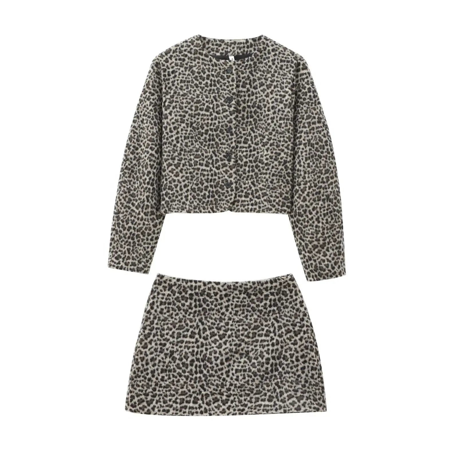 Faionable Animal Print Jaet And  Skirt Set Women's Autumn New Arrival Polyester Fiber Long Sve round Ne Two-Piec...
