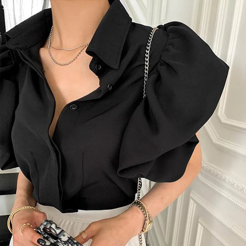 Gidyq Y2K Women Chiffon Black Shirts Summer Fashion Elegant Puff Sleeve Tops Korean All Match Female Casual Blouse New