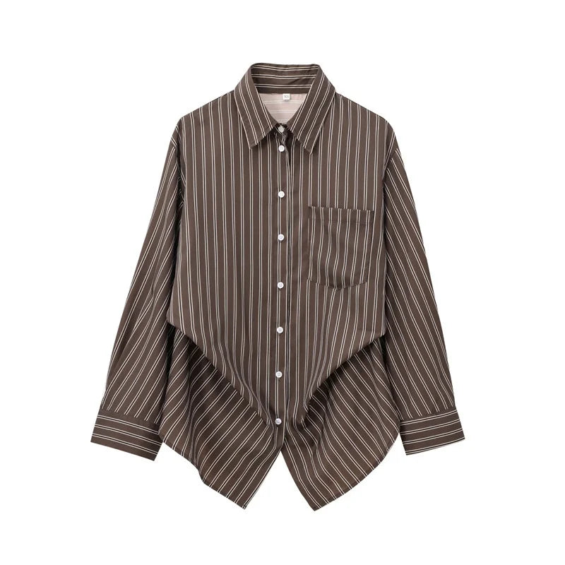 Autumn Blouses Woman Trendy Solid Stripe Turn-Down Collar Long Sleeve Buttons Single Breasted Female Street Shirts