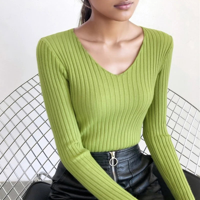 V-neck Long Sleeve Basic Casual Women Sweater Autumn Pullover Knitted Top Fall Winter Solid Elegant Slim Fit Knitwear Clothes