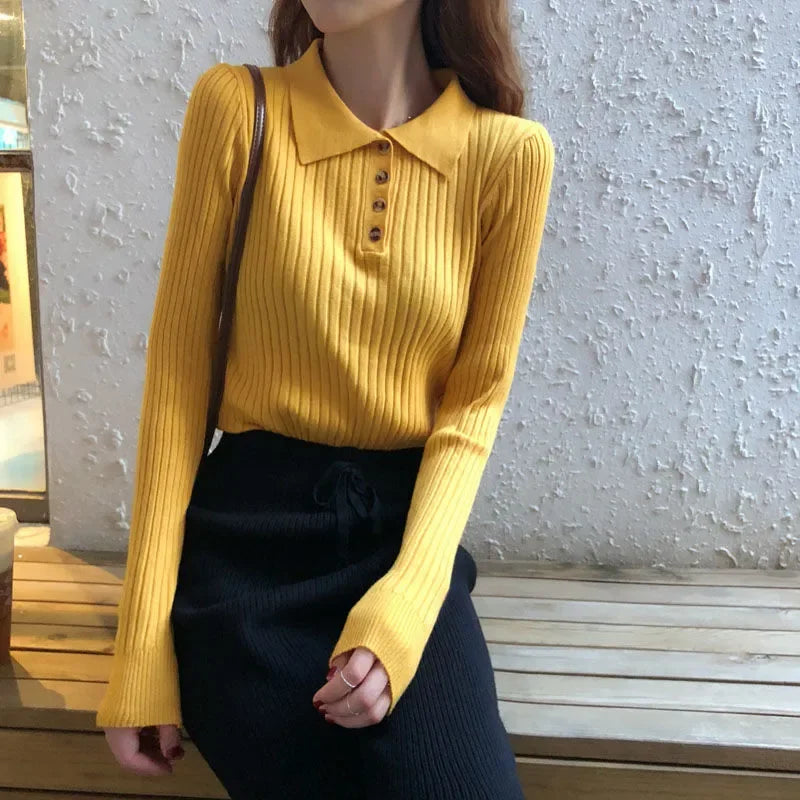Women Clothes Spring Autumn Fashion Simplicity Button Solid Color Polo Collar Ladies All-match Temperament Knitting Screw Thread
