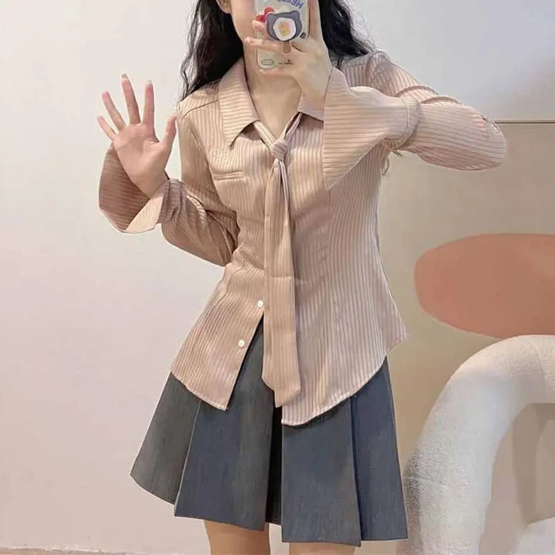 Fashion Tie Drawstring Slim Shirts Spring Autumn Lapel Women's Clothing Striped Waist Long Sleeve Preppy Style Commute Blouse