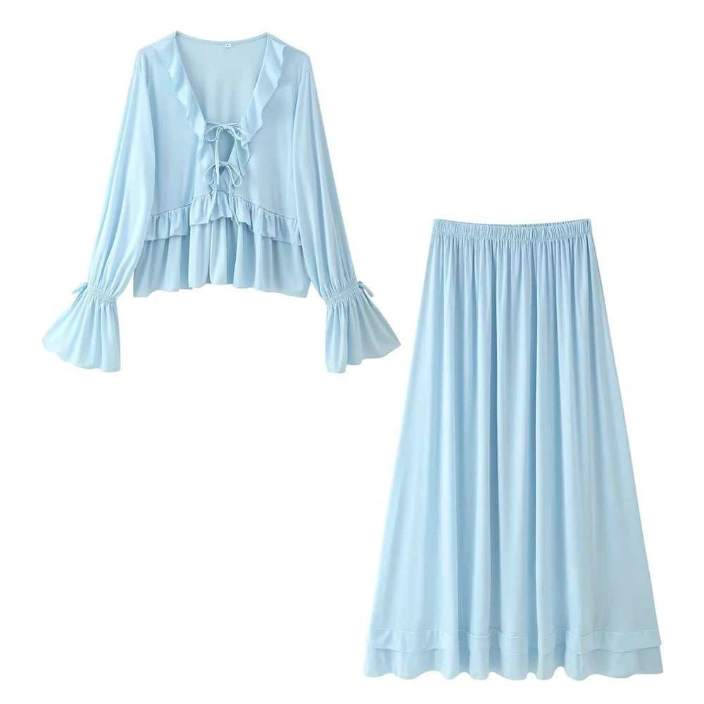 Summer New Product Women's Fashion Casual Stacked V-neck Long Sleeve Top High Waist Loose Half Skirt