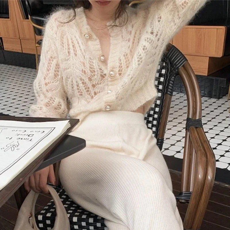 2025 French Style Mohair Cardigan Sweater Women Autumn Sexy Hollow Out Short Knitted Coats Mujer Y2K Chic Design Streetwear Tops