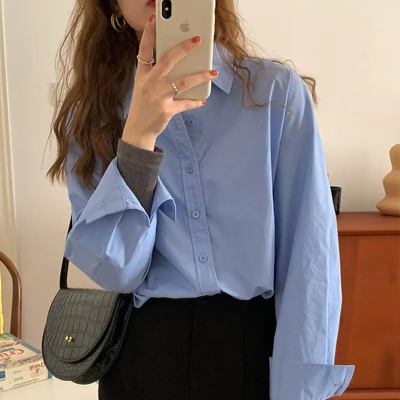 2025 Spring New Casual Long Sleeve Women Blue Shirt Korea Style Solid Button Woman Crop Tops Blouse Simple Lady Daily Clothing